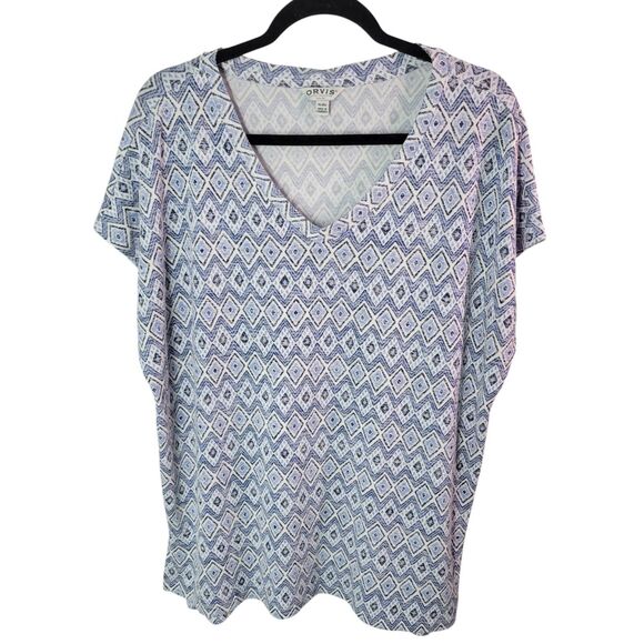Orvis Womens Sz XL Blue Geometric Short Sleeve V-Neck Blouse - Picture 1 of 10